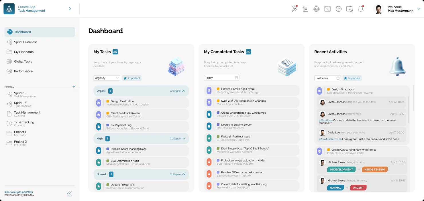 Project dashboard with task lists, completed tasks, and recent team activity.