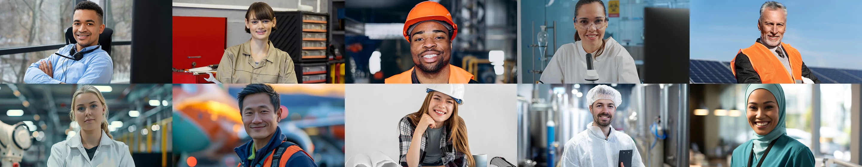 Collage of diverse professionals from various industries including engineering, science, healthcare, manufacturing, and renewable energy, all smiling and wearing appropriate work attire