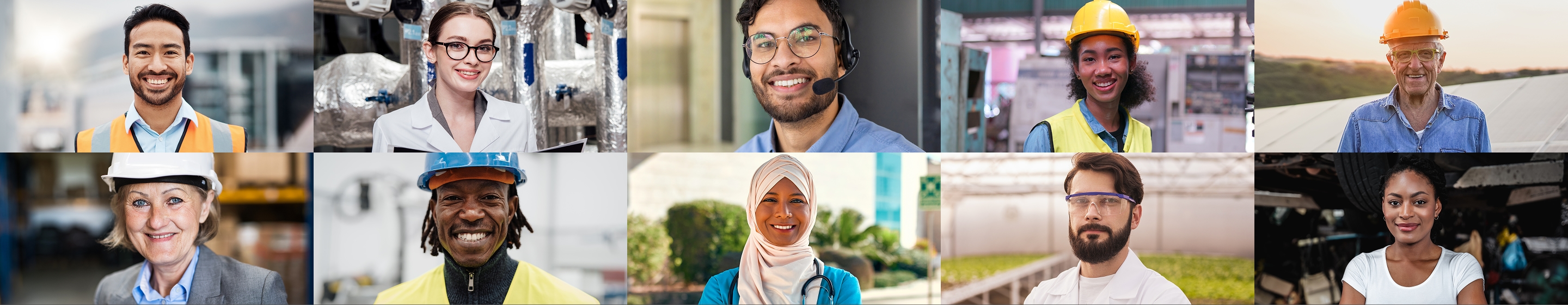 Collage of diverse professionals from various industries including engineering, science, healthcare, manufacturing, and renewable energy, all smiling and wearing appropriate work attire