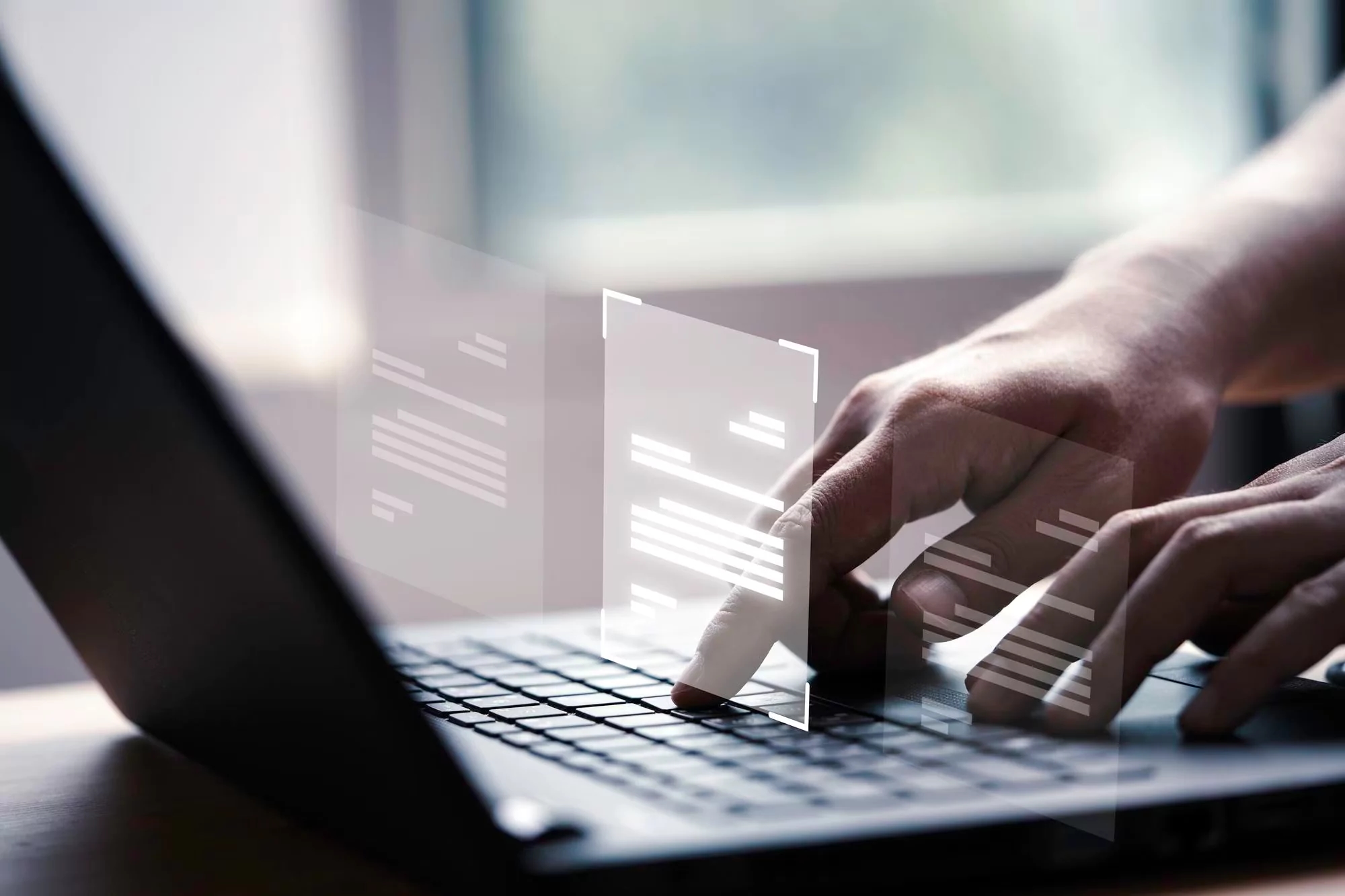 Person typing on a laptop with floating digital document icons, representing online document management or digital workflow