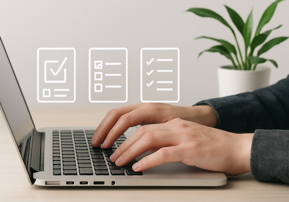Person typing on a laptop with digital clipboard icons and a checkmark symbol representing completed tasks