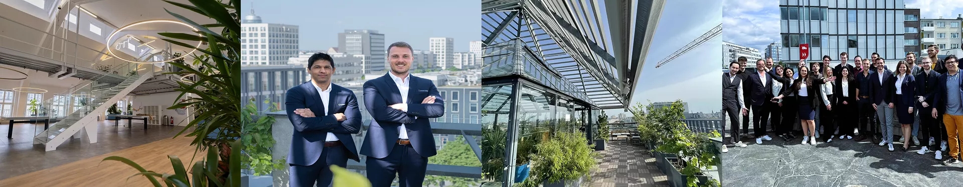 Team members of a global software company celebrating at a modern office with city skyline views, showcasing collaboration, innovation, and international culture.