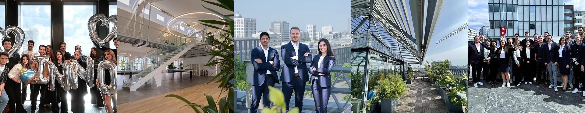Team members of a global software company celebrating at a modern office with city skyline views, showcasing collaboration, innovation, and international culture.