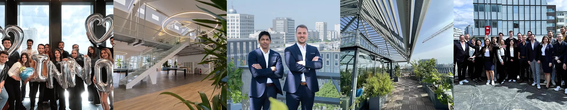 Team members of a global software company celebrating at a modern office with city skyline views, showcasing collaboration, innovation, and international culture.