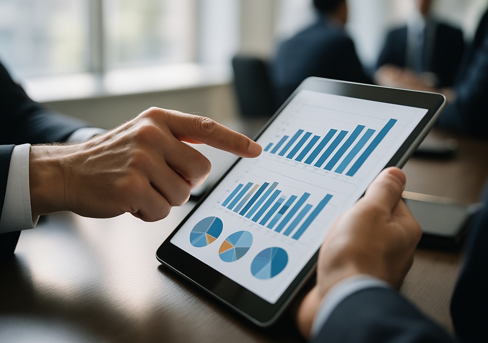Business professionals analyzing financial charts on a digital tablet and printed documents during a meeting