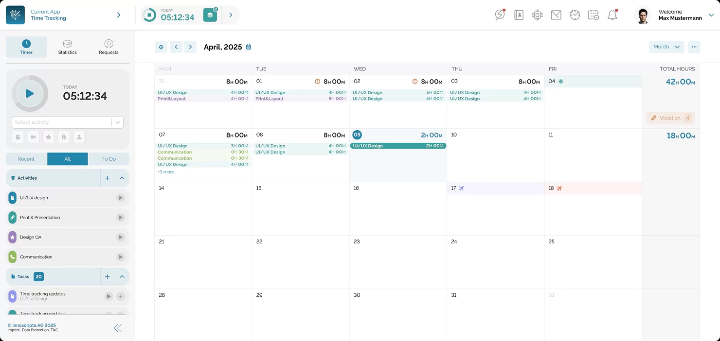 Time tracking calendar view with logged work hours and vacation entries.