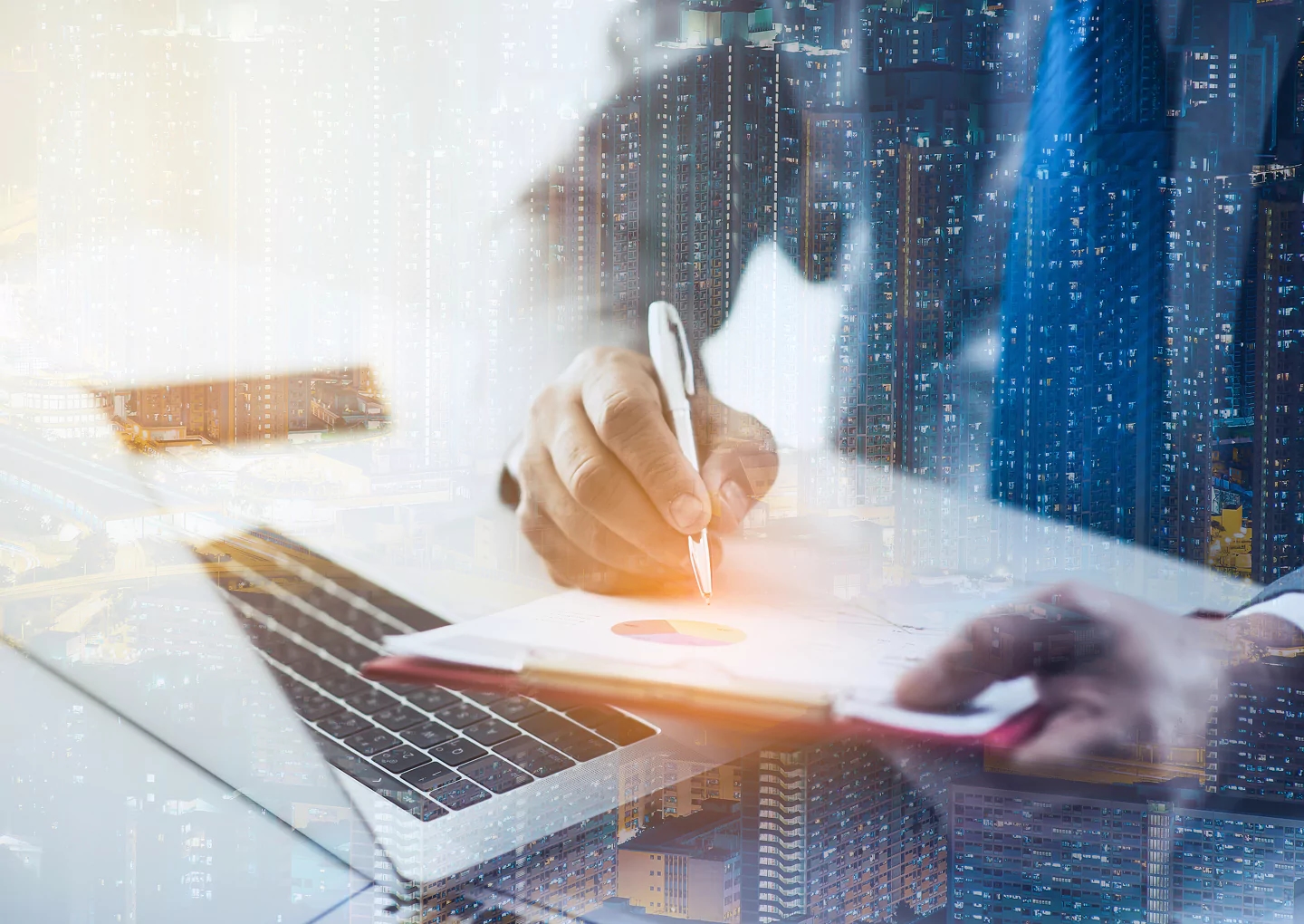 Business professional using digital tablet and laptop for data analysis, overlaid with a cityscape and a circular user profile icon, representing innovation and R&D technology solutions.