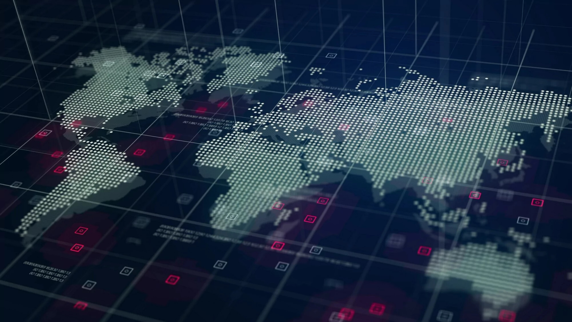 A digital world map composed of white dots on a dark grid background, with red and white square icons indicating data points or network nodes.