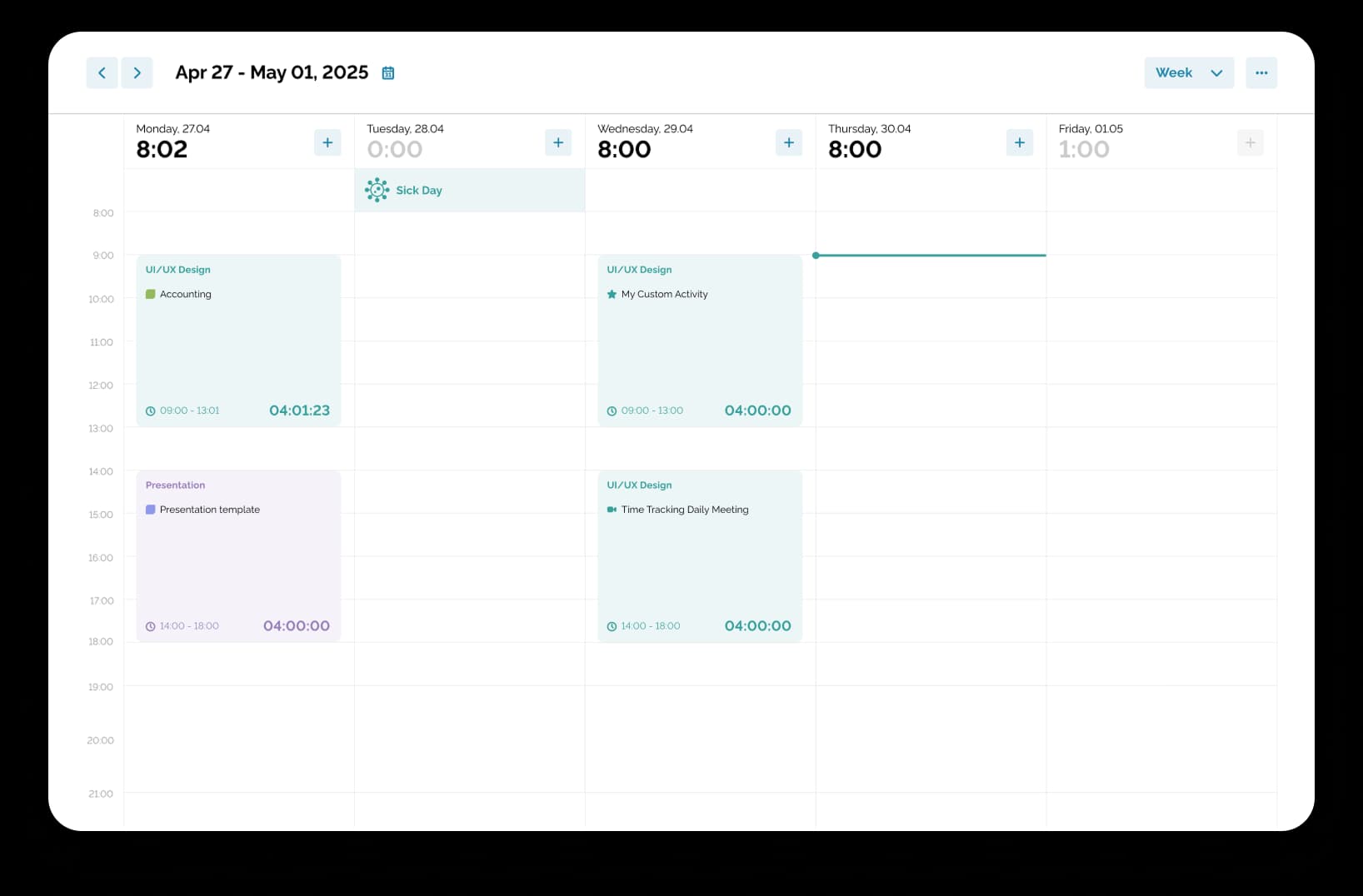 Weekly calendar view showing tracked work hours and activities per day with labels and durations