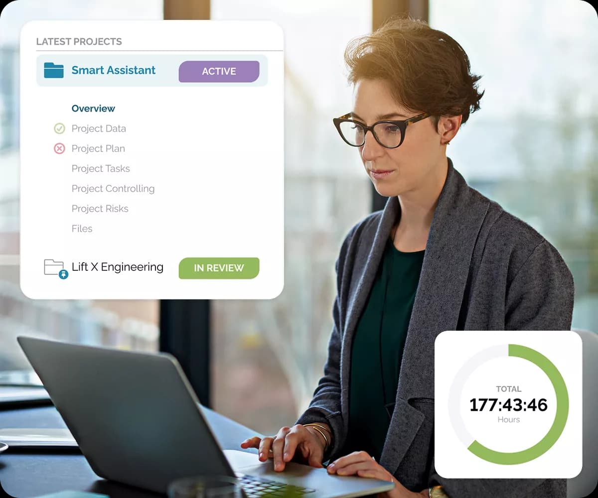 Professional woman with glasses working at laptop, with project dashboard panel showing latest projects (Smart Assistant marked as ACTIVE, Lift X Engineering marked as IN REVIEW) and a time tracking widget displaying 177:43:46 total hours