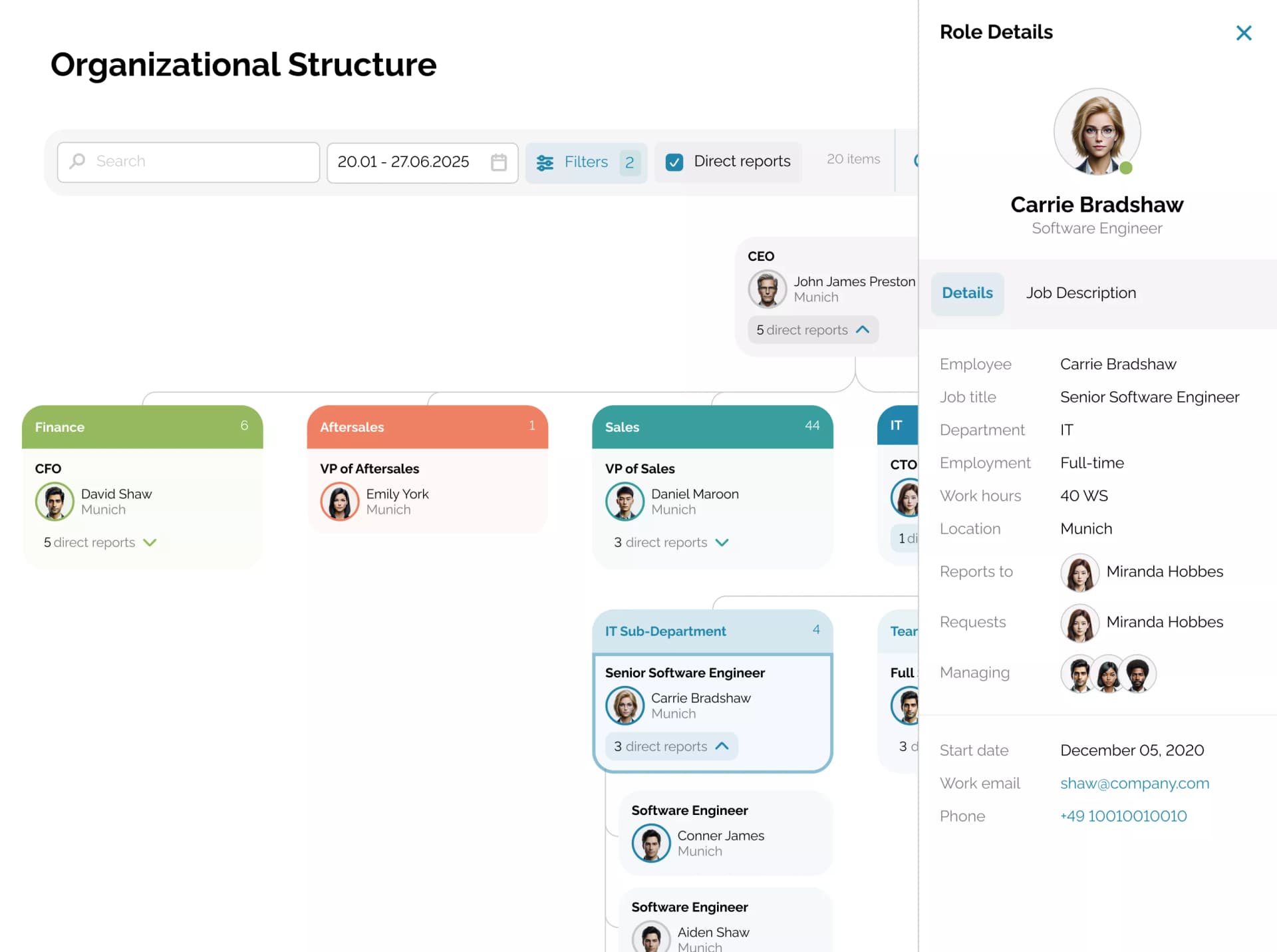 Organizational chart with departments, reporting lines, and an open employee role details panel