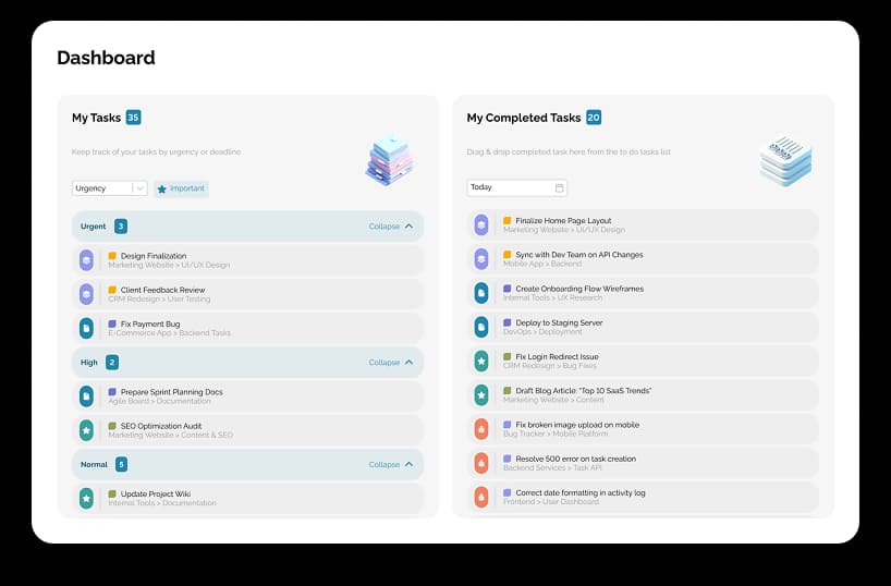 My Tasks feature showing prioritized task management interface.
