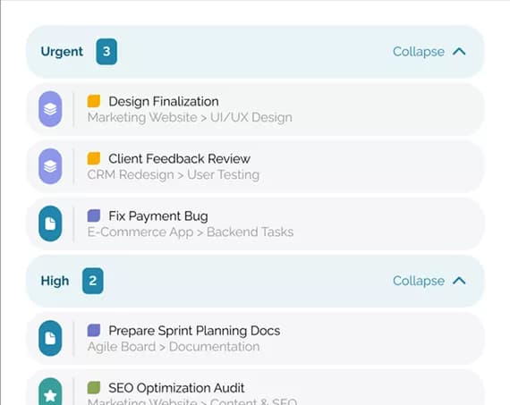 Prioritized task list with urgency groups, icons, and subtitles for project and work step