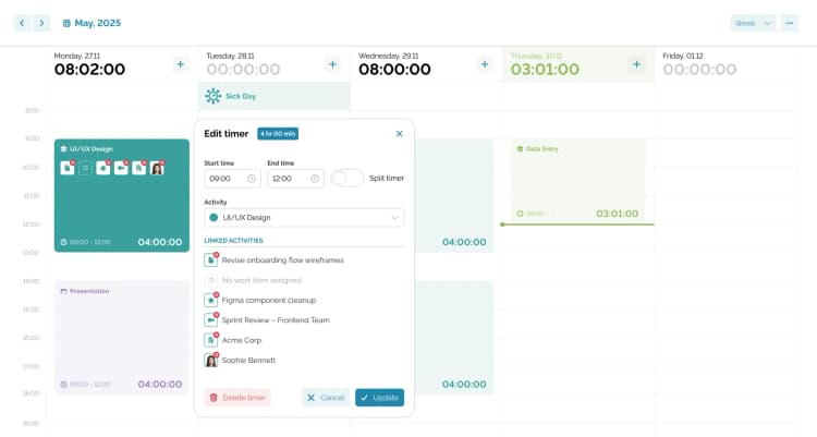 Time tracking calendar view with time blocks, an open timer edit dialog, and linked activities