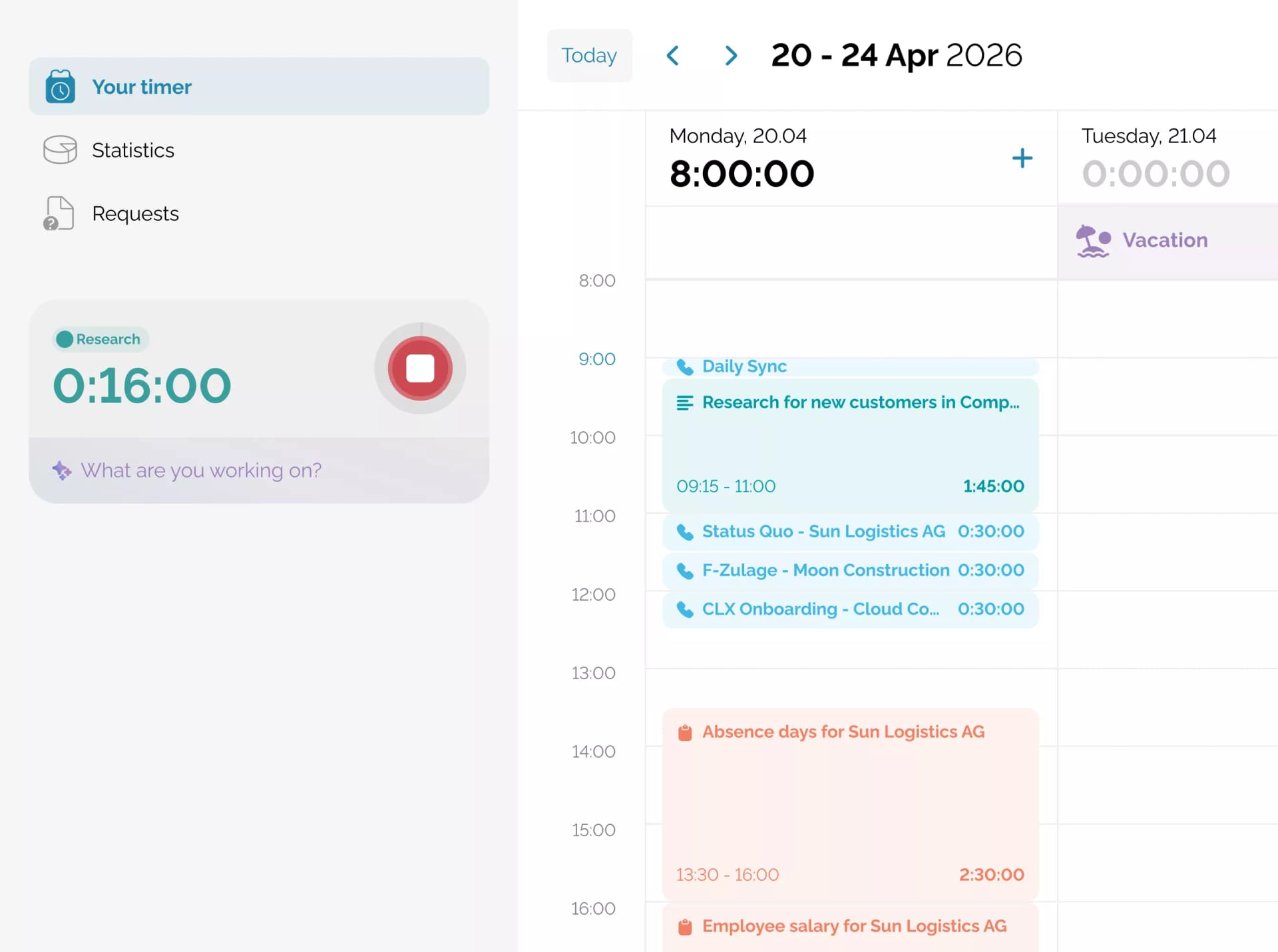Weekly time tracking view with a running timer, scheduled meetings, and logged time blocks on the calendar
