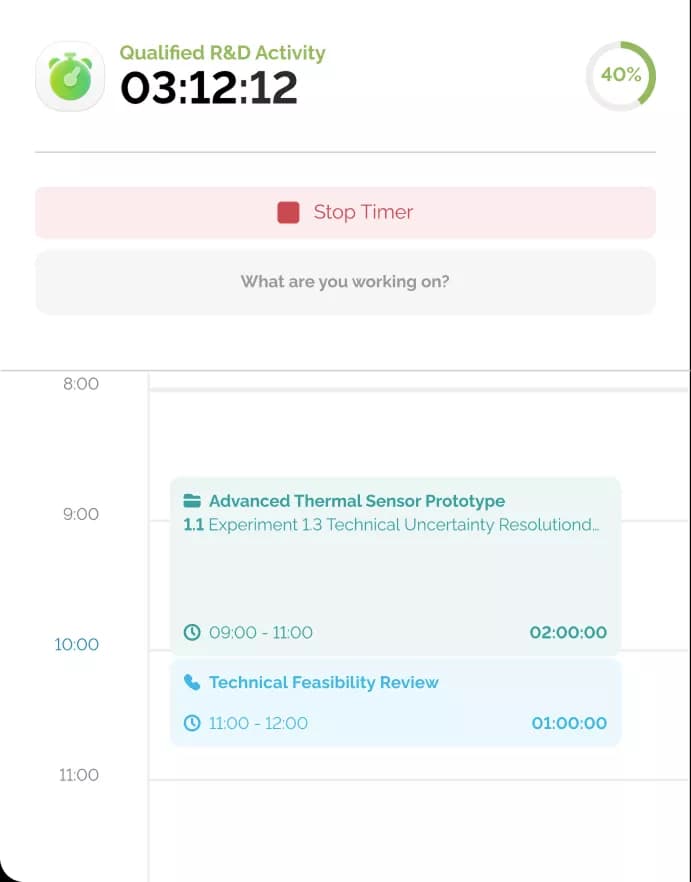 Daily R&D hours logged automatically