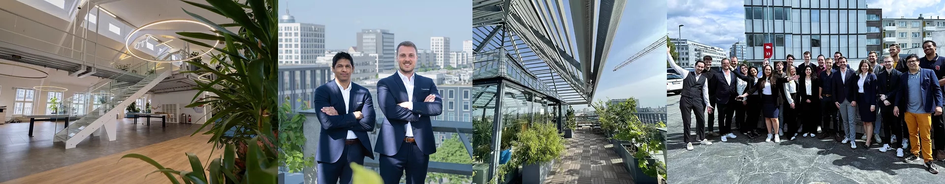 Team members of a global software company celebrating at a modern office with city skyline views, showcasing collaboration, innovation, and international culture.